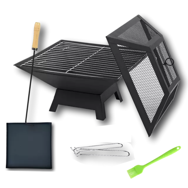 Square Outdoor Black Fire Pit Steel BBQ Patio Garden Camping Fire Pit Grill Mode