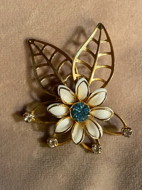 Vintage Gold Tone Rhinestone Enamel Flower Brooch Pin 1 3/4"