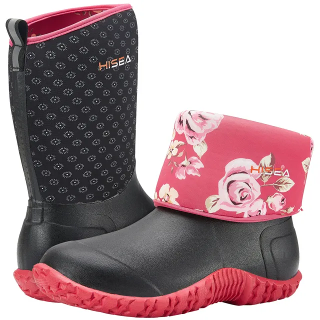 HISEA Women's Rollable Rain Snow Boots Floral Print Waterproof Warm Garden Boots