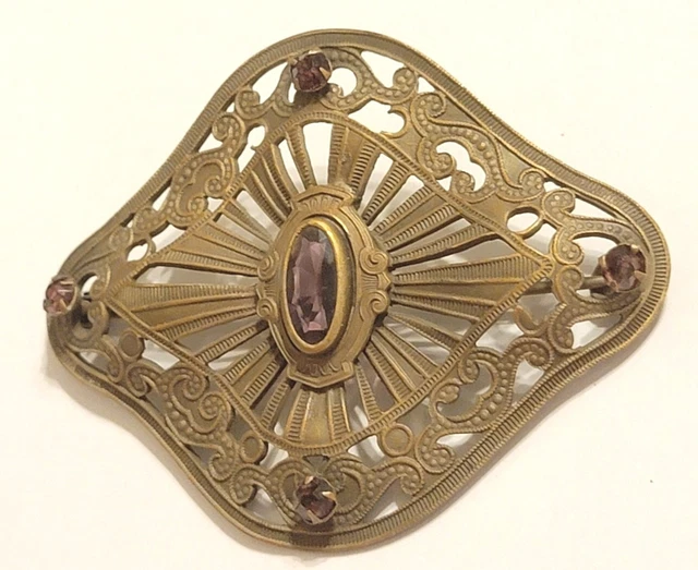 Large Antique Art Nouveau Brass & Purple Glass Brooch Pin, 3" x 2.25", C-Hook