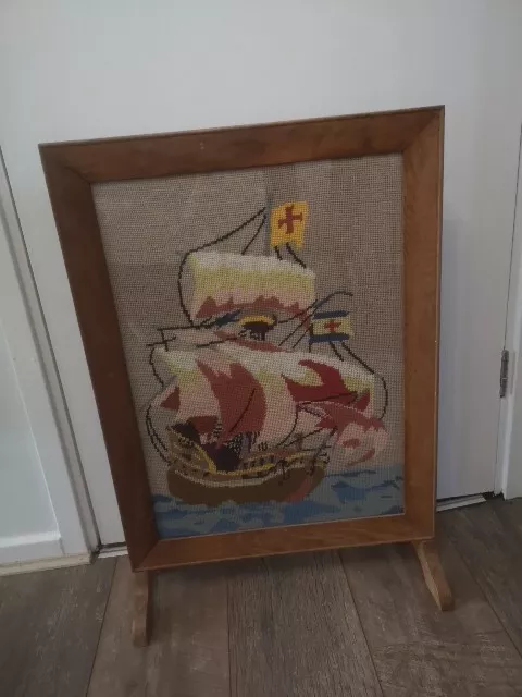 Vintage Retro Wooden Fire Screen/Fire Guard Embroidered Ship Tapestry