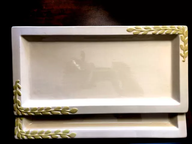 Set of 2 Heavy Cream and Green Ceramic Plate Embossed Leaves Candle Holders Tray