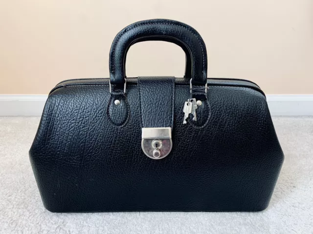 Vintage Black Leather Doctor Bag Physician Satchel w/ Brass Lock Accents