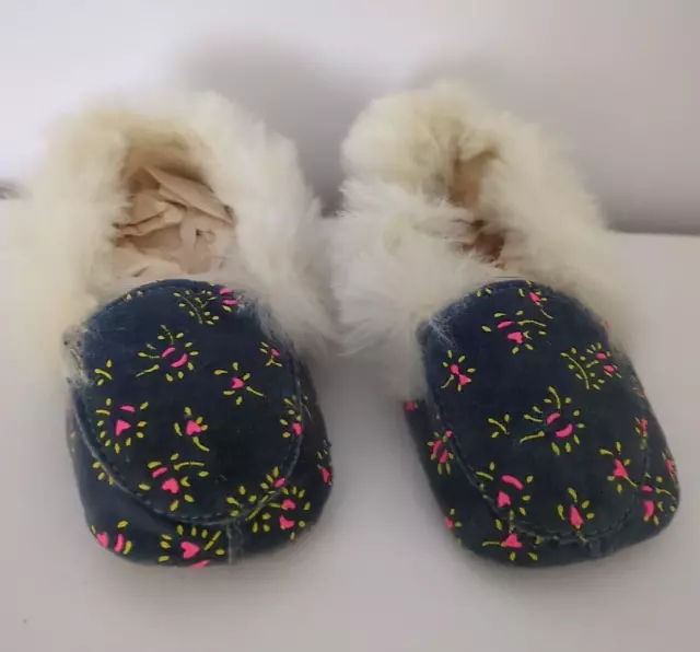 Vintage Blue Pink Yellow Fur Child Shoes Slippers Size 2 60s