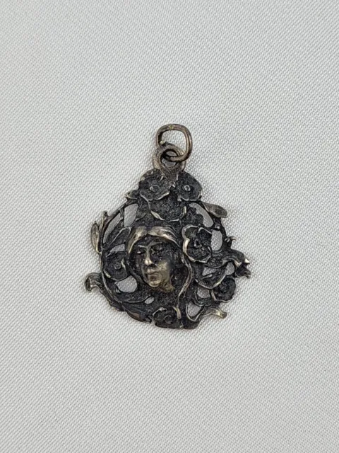 Art Nouveau Sterling Silver Lady Face Wavy Hair 925 Necklace Pendant Charm