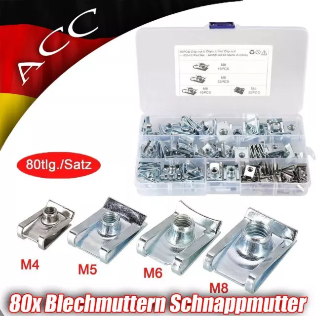 80x Blechmuttern Schnappmutter Gewinde Clip Mutter Sortiment Set M4 M5 M6 M8