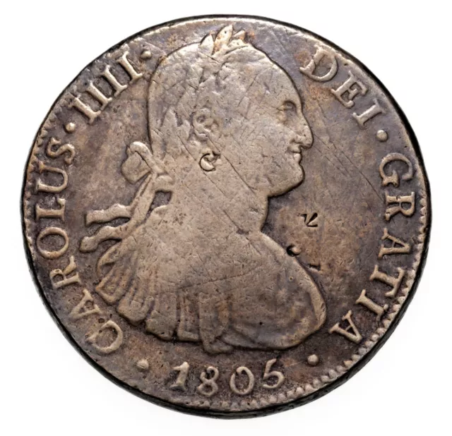 1805Mo TH Mexico 8 Reales Silver Coin In VF Condition, Chop Marks! KM 109