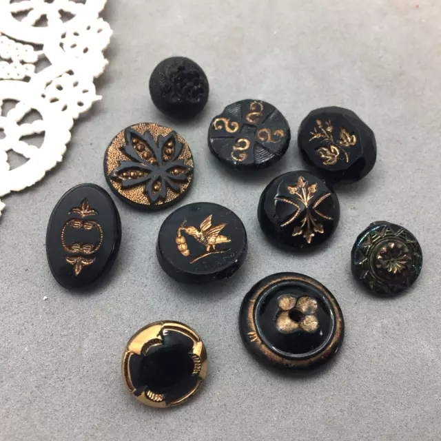 Black Glass Mourning Victorian Button Vintage Sewing Clothes 5/8" - 1/2" Lot 10 2