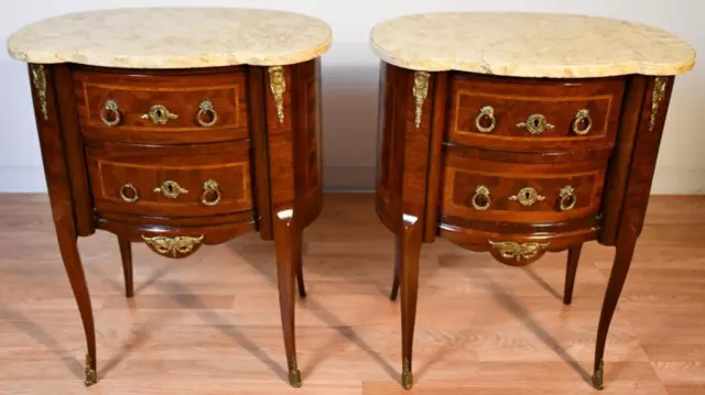 1890 Antique French Louis XV Walnut inlaid Marble top nightstands bedside tables