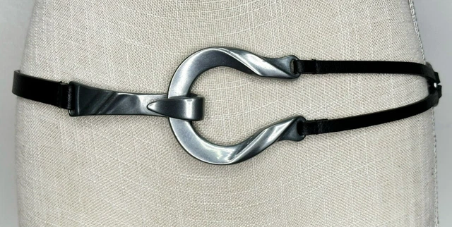 Chicos Belt Adjustable Skinny Black Leather Silver Hook Buckle Size M/L to ~43"
