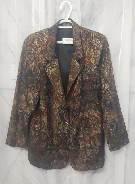 VTG Samantha David Brown Paisley Floral Single Breasted Blazer Size L