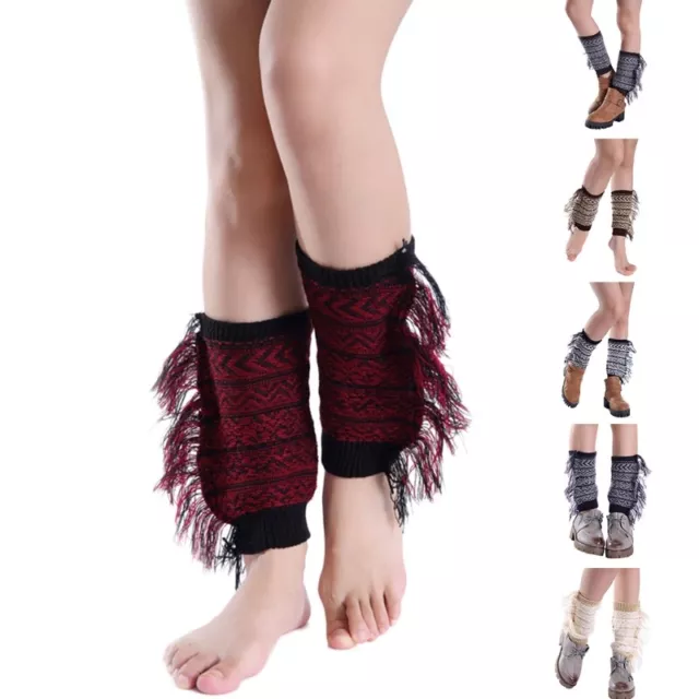 Women Boot Cuffs Toppers Side Fringed Knit Striped Short Socks Leg Warmers