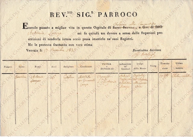1835 VENEZIA Parroco S. Eufemia lutto Lanza Antonia Ospitale Convertite Lettera