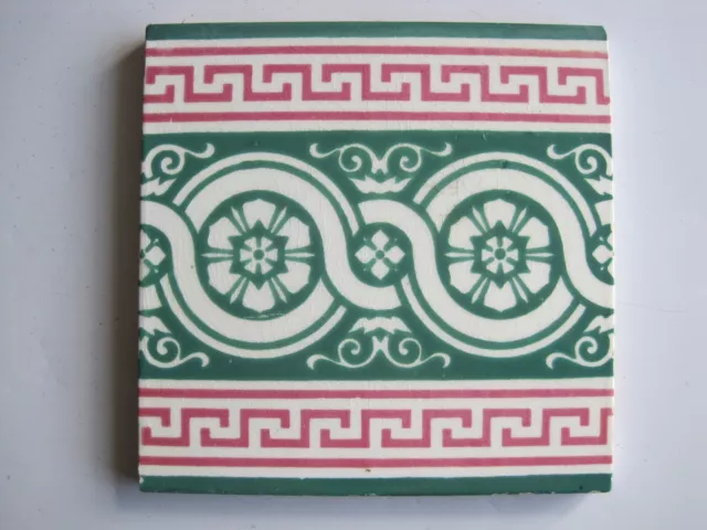 Antique Victorian Minton's Green / Red Interlocking Circular Floral Border Tile