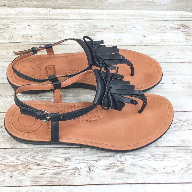 Fitflop Tia Sandals Womens 9 Fringe Toe Slingback Black Leather Comfort Shoes