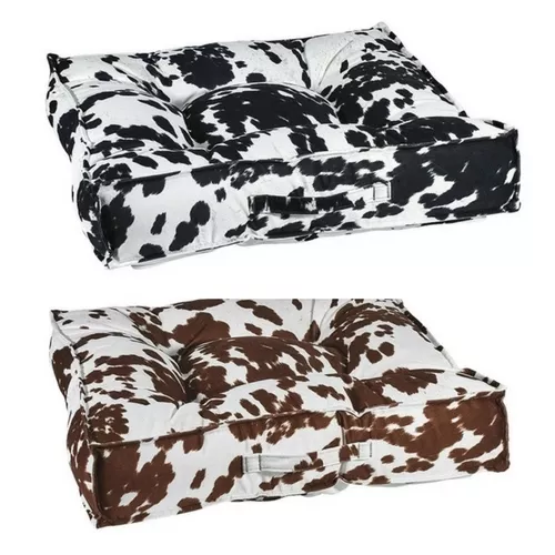 Bowsers COW PRINT MicroVelvet Tufted Square Piazza Dog Bed — Pick Size/Color