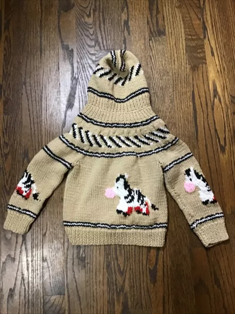 Hand Knitted Child's Horse/Pony. Cardigan Sweater Tan  Hooded Toddler 2-4