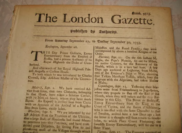 London Gazette - Original 1-Sheet 4-Paged Newspaper - No. 9515 (Sept 1755) RARE!