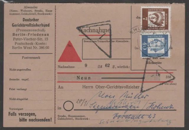 BERLIN  1961 Nr. 200/207 auf Nachnahmekarte v. Berlin n. Sigmaringen