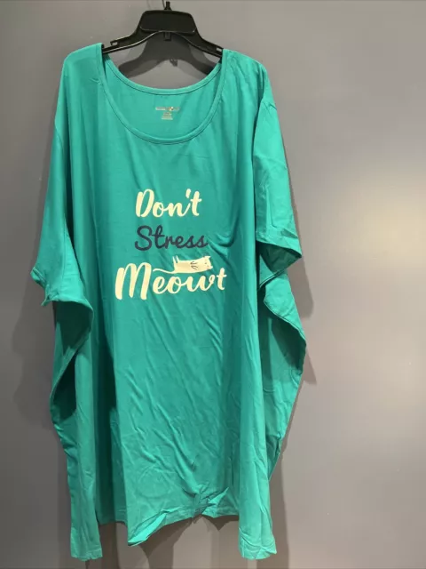 Dreams & Co Plus Size 7X 8X Nightgown Aqua, “Don't Stress Meowt” Cat Night Shirt