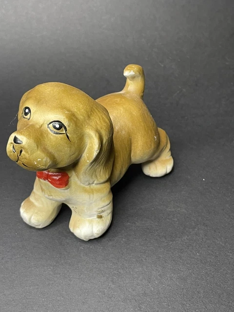 Hand Painted Ceramic Puppy Brown Hound Dog Figurine Red Bow Collar 4.5 X 4