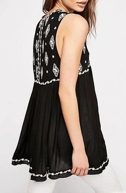 Free People Oversized Black Diamond Embroidered  Sleeveless Top Size Xs. Bnwt.
