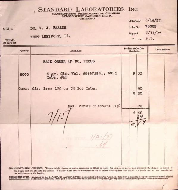 Standard Laboratories Chicago Pharmacy Invoice Purchase Order 1927