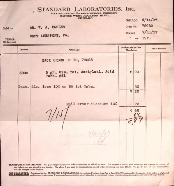 Standard Laboratories Chicago Pharmacy Invoice Purchase Order 1927