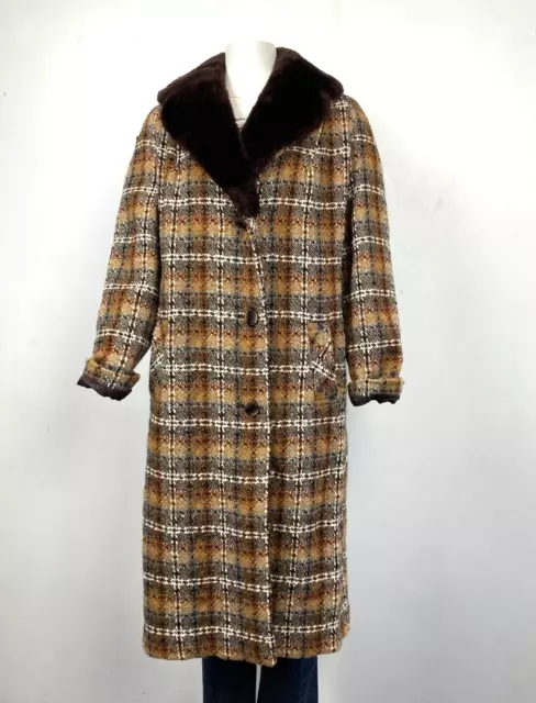 Vintage Wool Coat UK 16-18 Check Tweed Faux Fur Collar 1970s Riddella Model