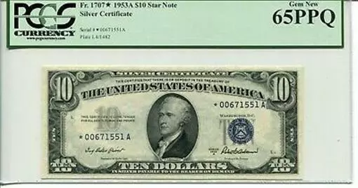 FR 1707* 1953A $10 STAR Silver Certificate 65 PPQ GEM NEW