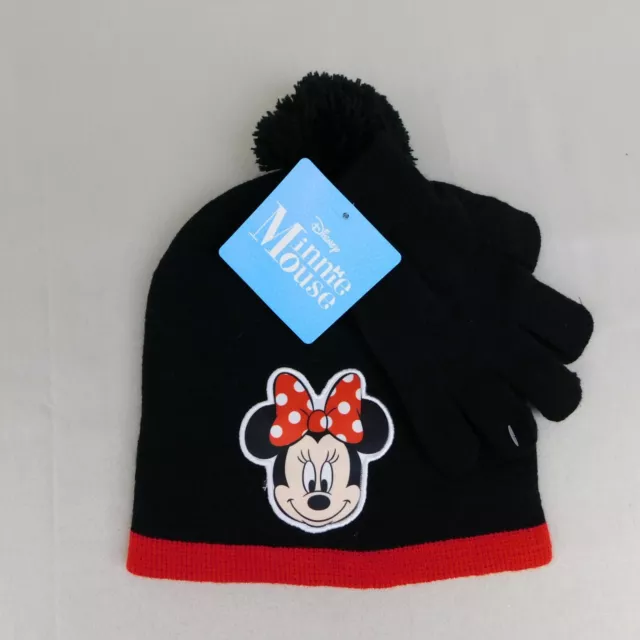 Disney Minnie Mouse Kids Pom-Pom Beanie Hat & Gloves Set - Black #8765