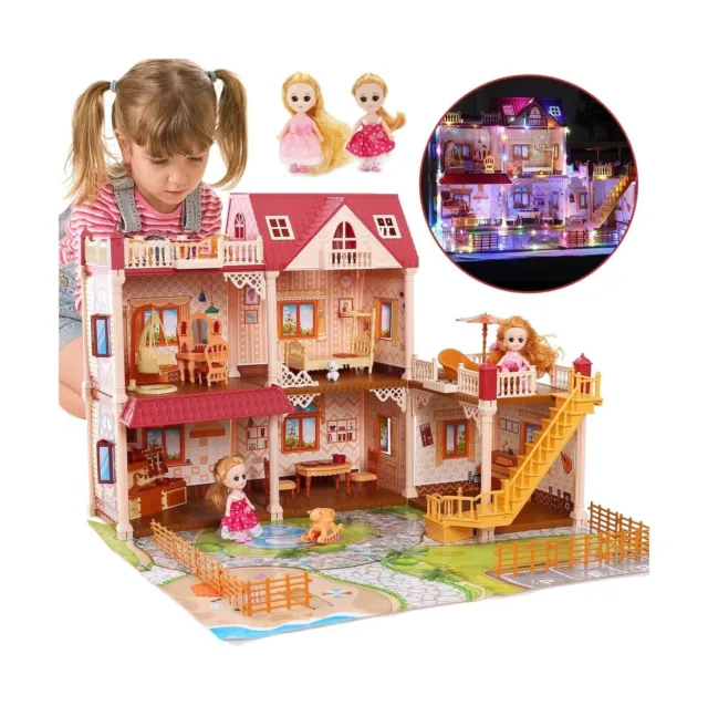 CUTE STONE 5 Rooms Huge Dollhouse with 2 Dolls and Colorful Light 26" x 23" NEW