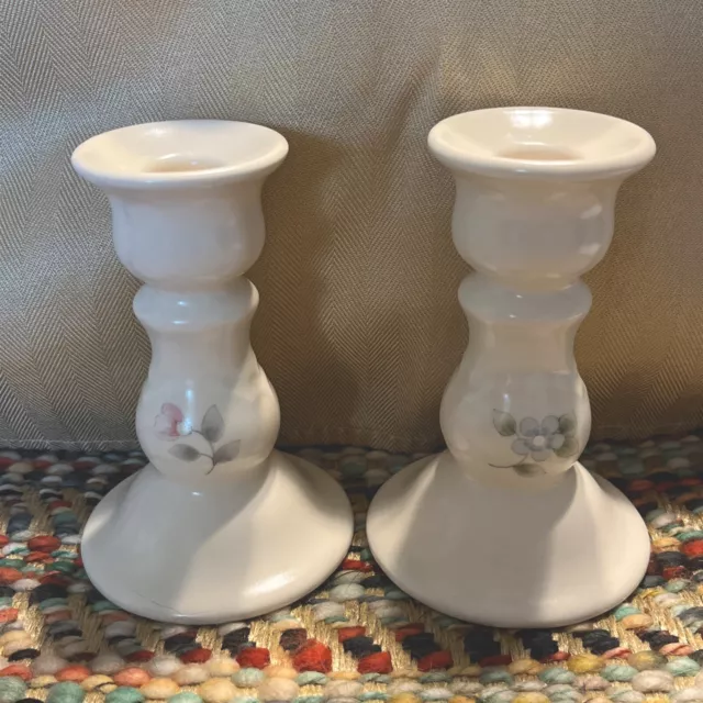 Pfaltzgraff Tea Rose Pattern Candle Holder Candlesticks Pink & Blue set of 2