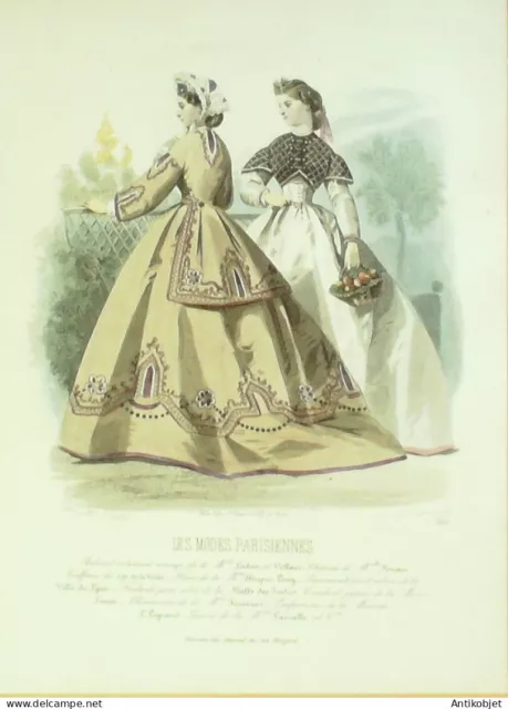 Gravure Modes parisiennes 1864 n°1115 Toilettes hivernales brodées