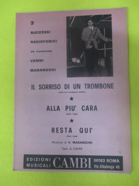 RARO SPARTITO SINGOLO SORRISO DI UN TROMBONE ALLA PIU' CARA V. Marangoni (SP5)