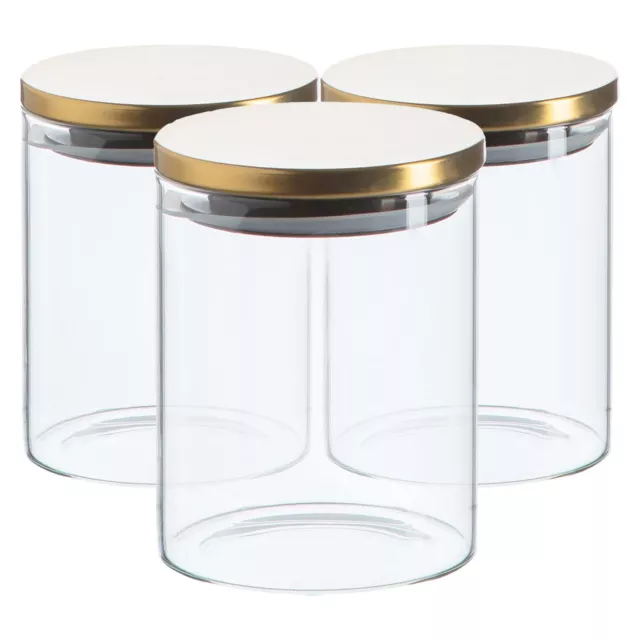 3x Glass Storage Jar with Metal Lids Modern Kitchen Food Storage 750ml Gold