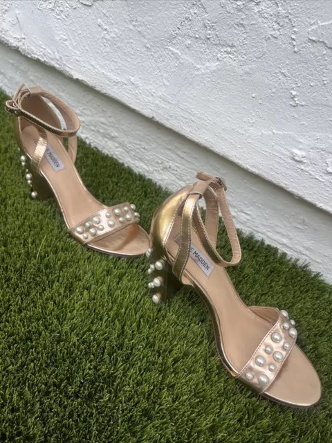 Steve Madden Madiera Rose Gold with Pearls. Block Heel & Ankle Strap Size 9M