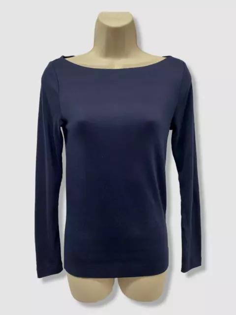 $50 Gap Women's Blue Long-Sleeve Boat-Neck Ribbed T-Shirt Top Petite Size PXS