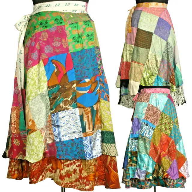 Indian Vintage Silk Sari Recycled Wrap Around Skirt Reversibile Donna 100...