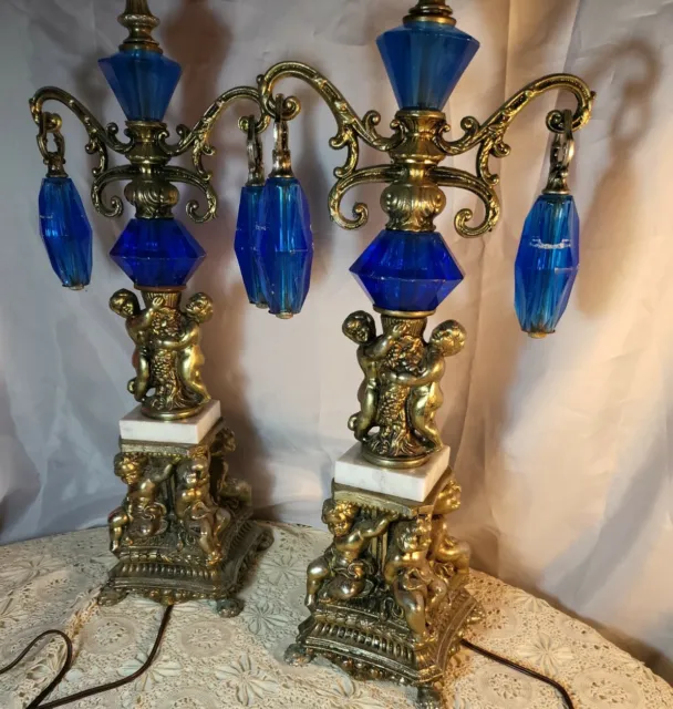 Vintage  pair VICTORIAN STYLE ORNATE BRASS CHERUB  BANQUET LAMP ELECTRIC