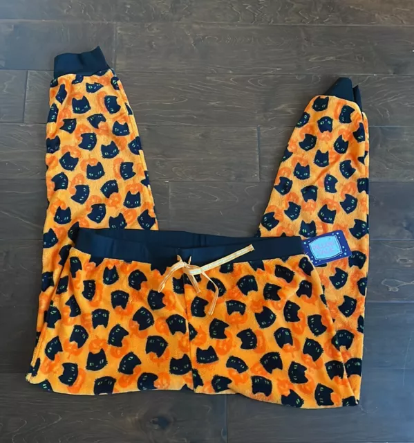 Pillow Talk  womens Halloween Cat Print Plush Pajama Pants New M Orange black