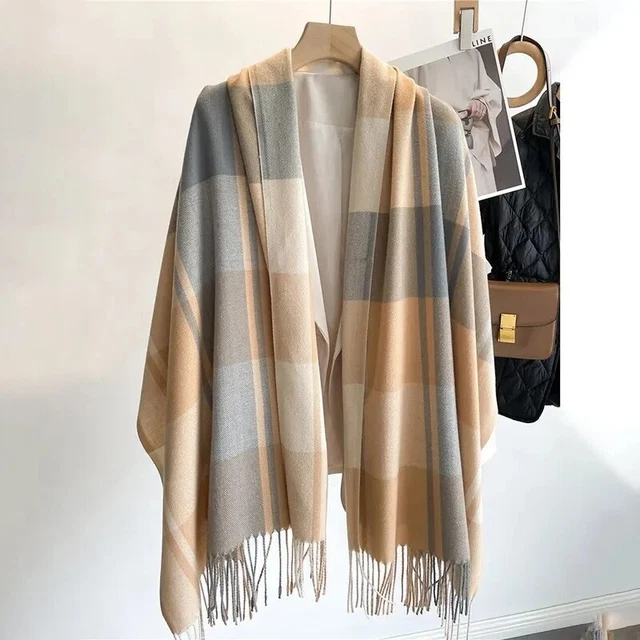 Châle étole En Cachemire Et Laine - Bleu Ciel Et Beige, Motif écossais, Top Qualité