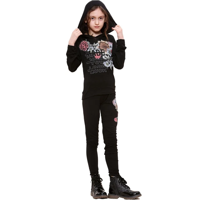 Bambini Top Fatto You Look Stampa Maniche Lunghe Nero con Cappuccio & Legging