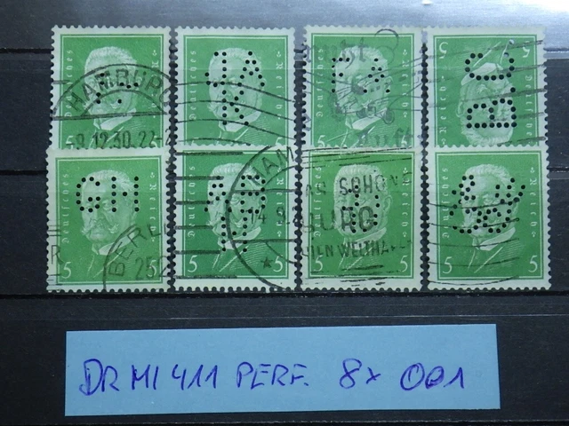 Deutsches Reich 8 x MI. 411 Perfin Perfins Firmenlochung Lot gestempelt 001