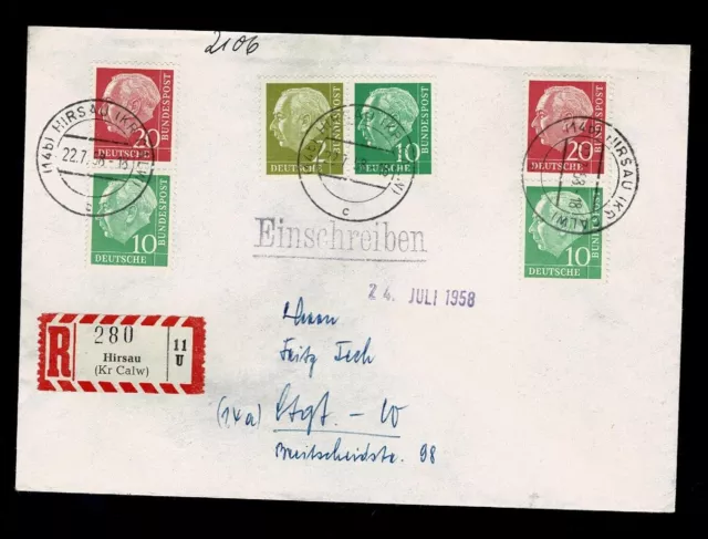 Bund Mischfrankatur Mi.Nr. S33 (2) und W12 Heuss Zusammendrucke auf R-Brief