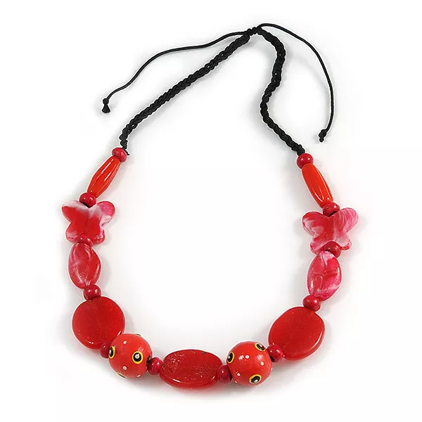 Romantic Butterfly Beaded Black Cord Necklace in Red - 56cm L - Adjustable