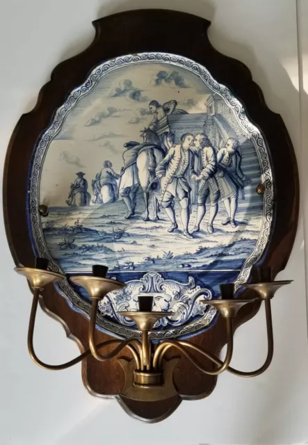 Large Antique 1800s Delft Blue White Porcelain Wall Plaque Sconce Nortwind Face