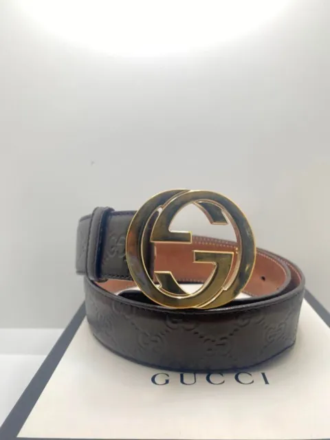 GUCCI INTERLOCKING GG leather belt size 80/32 black gold Buckle 114876 ...