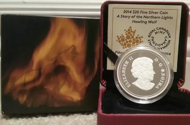 Northern Lights Howling Wolf $20 2014 1OZ Pure Silver Proof Coin Canada 2