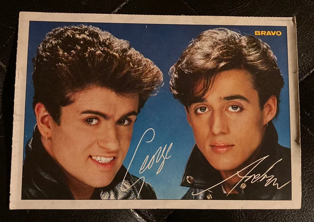 AK Autogramm Karte Bravo ca. 1985 „Wham“ George Michael + Andrew Ridgeley